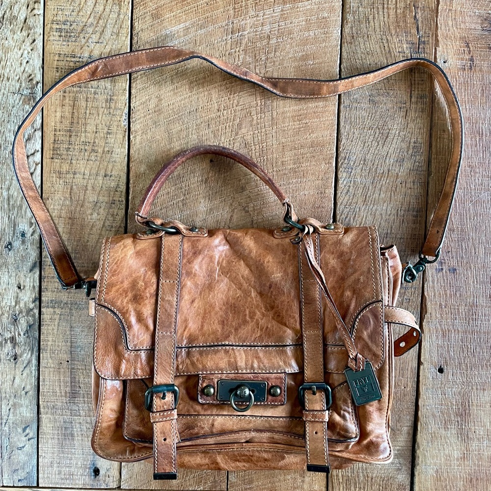 FRYE AND CO Cameron Large Satchel Distressed Brown Leather with Adjustable Strap